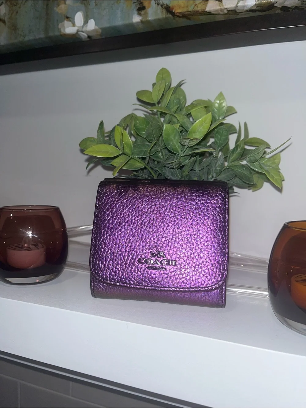 Coach Metallic Purple Pebbled Leather Compact Wallet